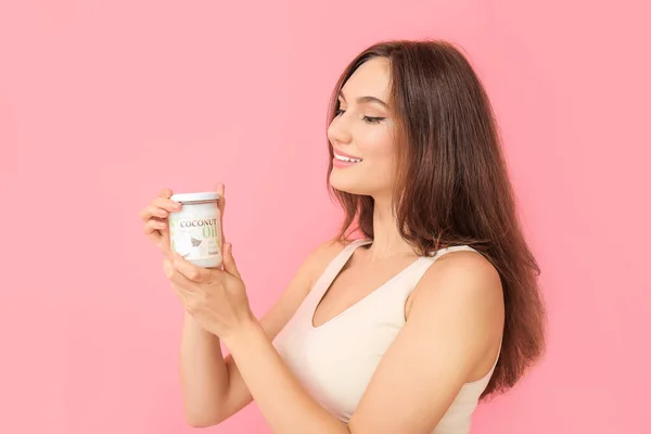 Beautiful Young Woman Coconut Oil Color Background — Stock Photo, Image