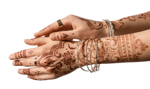 Belas Mãos Femininas Com Tatuagem Henna Fundo Branco — Fotografia de Stock