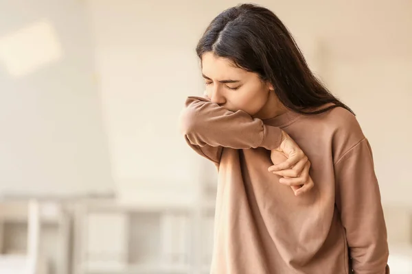 Coughing Young Woman Home — Stock Photo, Image