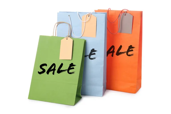 Paper Shopping Bags Word Sale White Background — Stock Photo, Image