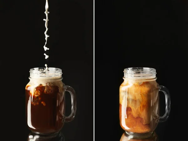 Conjunto Pote Pedreiro Com Café Gelado Fundo Escuro — Fotografia de Stock