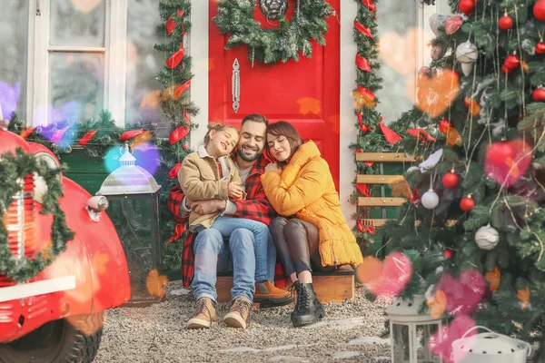 Happy Family Sitting House Decorated Christmas — Stock Photo, Image