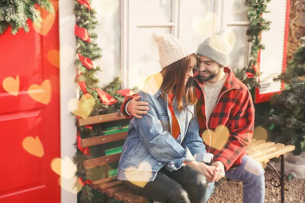 Happy Couple House Decorated Christmas — Stock Photo, Image