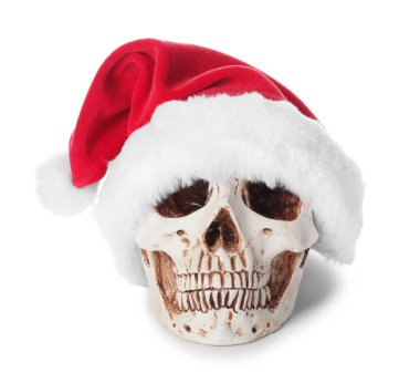 Beyaz arka planda insan kafatası olan Noel Baba şapkası