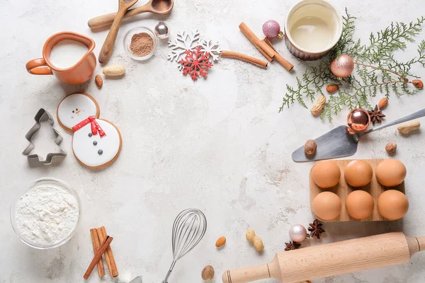 Frame Made Ingredients Christmas Cookies Baking Utensils White Background — Stock Photo, Image