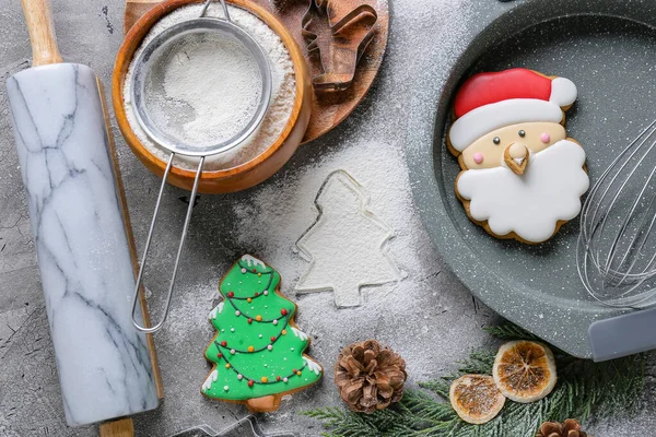 Flour Christmas Bakery Kitchen Utensils Grunge Background — Stock Photo, Image