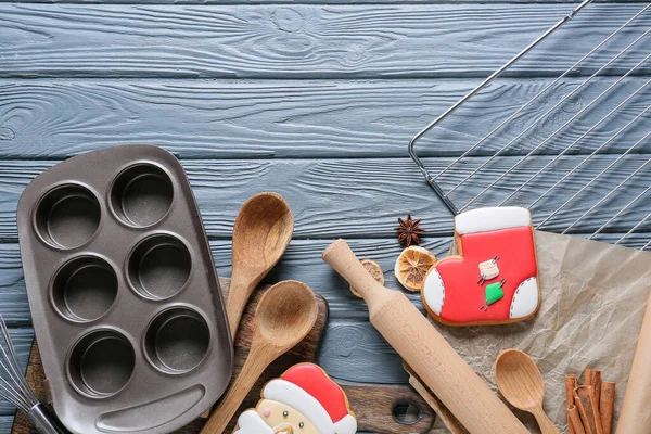 Kitchen Utensils Christmas Bakery Grey Wooden Background — Stock Photo, Image