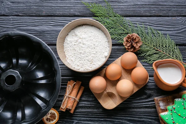 Ingredients Christmas Bakery Kitchen Utensils Dark Wooden Background — Stock Photo, Image