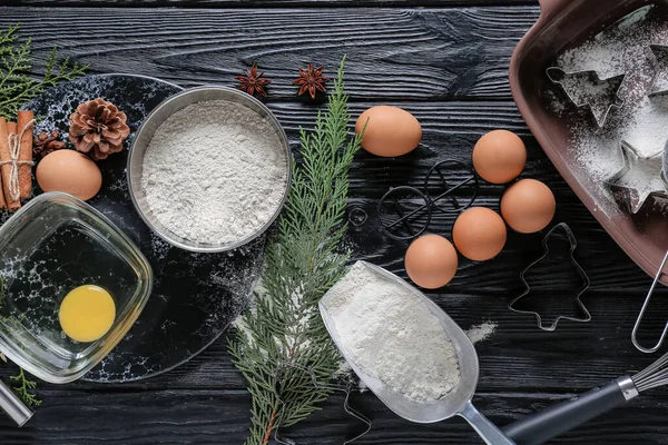 Ingredients Christmas Bakery Kitchen Utensils Dark Wooden Background — Stock Photo, Image