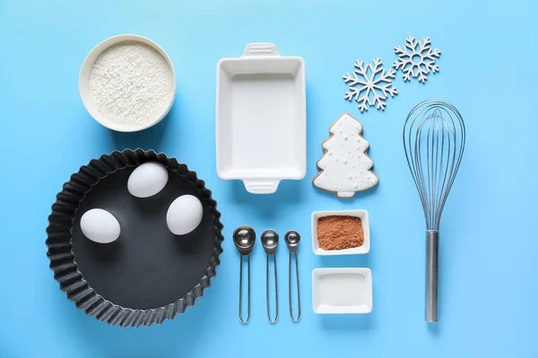 Ингредиенты Рождественской Пекарни Кухонной Утвари Цветном Фоне — стоковое фото