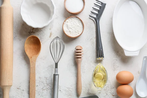 Set Kitchen Utensils Ingredients Bakery Grey Background — Stock Photo, Image