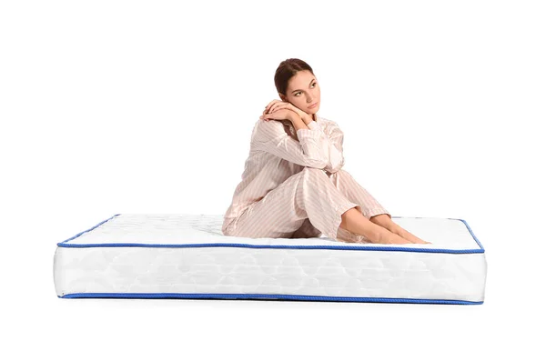 Young Woman Sitting Mattress White Background — Stock Photo, Image