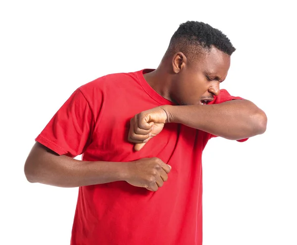 Hoesten Afro Amerikaanse Man Witte Achtergrond — Stockfoto