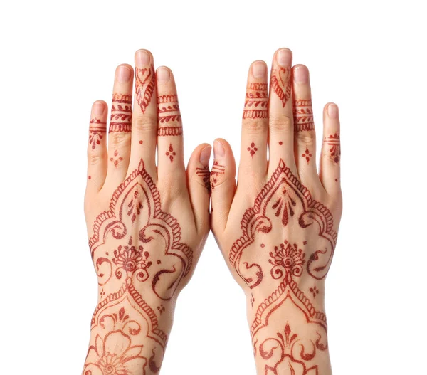 Gyönyörű Női Kéz Henna Tetoválás Fehér Háttér — Stock Fotó