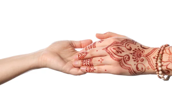 Belas Mãos Femininas Com Tatuagem Henna Fundo Branco — Fotografia de Stock