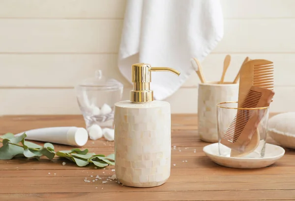 Dispenser Set Bath Accessories Wooden Table — Stock Photo, Image