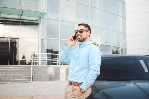 Handsome Man Talking Mobile Phone His Modern Car — Stock Photo, Image