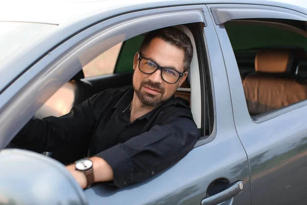 Handsome Man Driving Modern Car — Stock Photo, Image