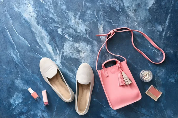 Stylish Bag Cosmetics Shoes Color Background — Stock Photo, Image