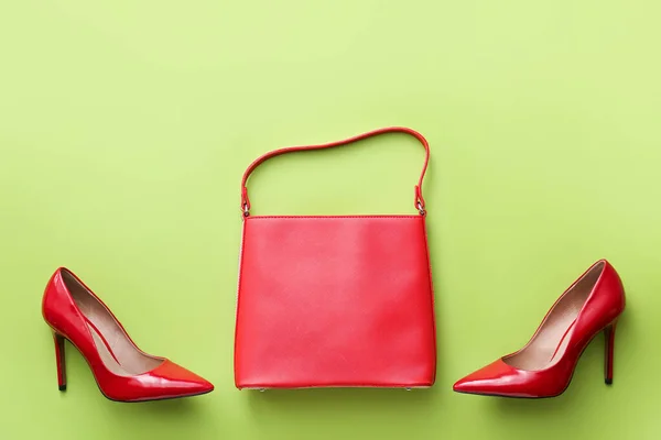 Stylish Bag Shoes Color Background — Stock Photo, Image