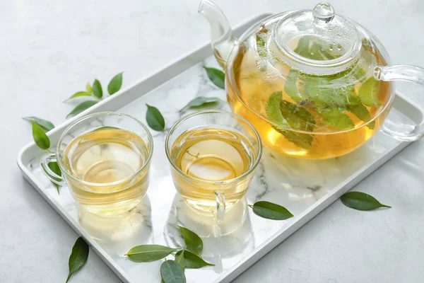 Teapot Cups Green Tea Tray — Stock Photo, Image