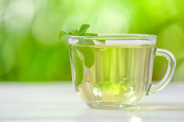 Cup Green Tea Mint Blurred Background — Stock Photo, Image