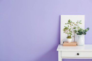 Renk duvarının yanında boş fotoğraf çerçevesi olan şık bir iş yeri