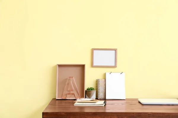 Stylish Workplace Blank Photo Frame Color Wall — Stock Photo, Image