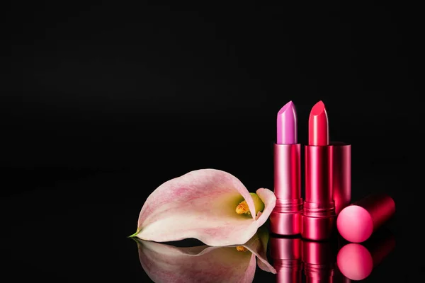 Beautiful Lipsticks Flower Black Background — Stock Photo, Image