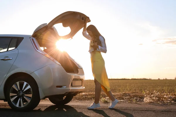 Donna Con Cane Carino Vicino Auto Moderna — Foto Stock