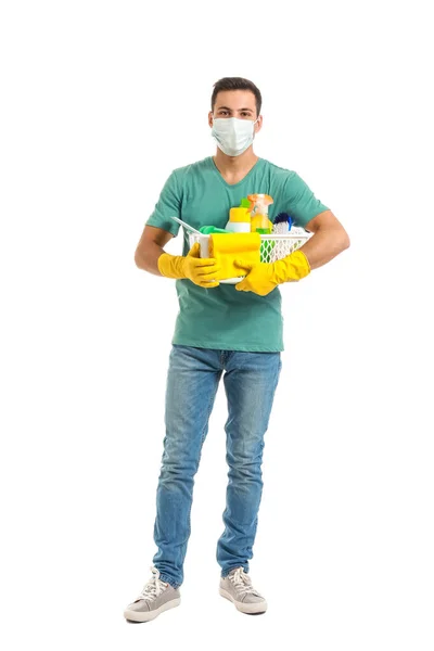 Young Man Medical Mask Cleaning Supplies White Background — Stock Photo, Image