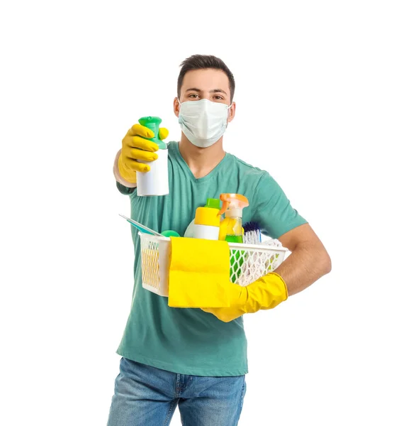 Young Man Medical Mask Cleaning Supplies White Background — Stock Photo, Image