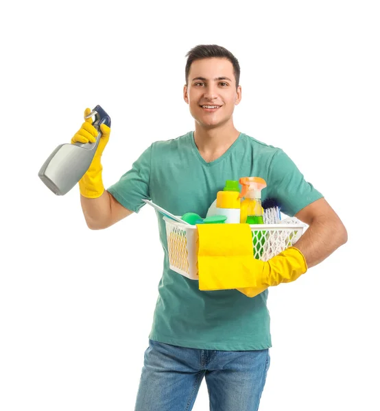 Jovem Com Suprimentos Limpeza Fundo Branco — Fotografia de Stock