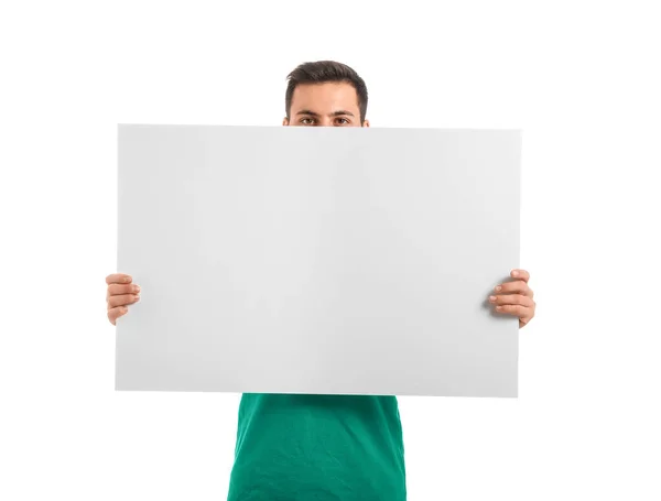 Young Man Blank Poster White Background — Stock Photo, Image