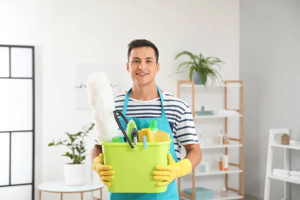 Young Man Cleaning Supplies Bathroom — Stock Photo, Image