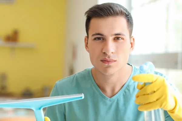 Young Man Cleaning Window Home View Glass — Stock Photo, Image