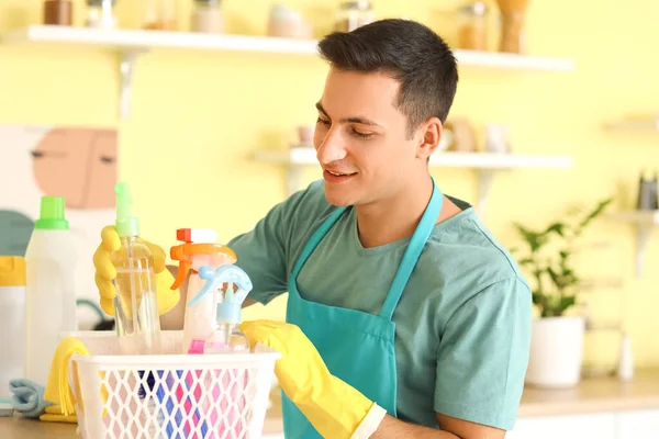 Young Man Cleaning Supplies Kitchen — Stock Photo, Image