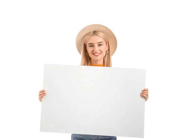 Mulher Bonita Com Cartaz Branco Fundo Branco — Fotografia de Stock