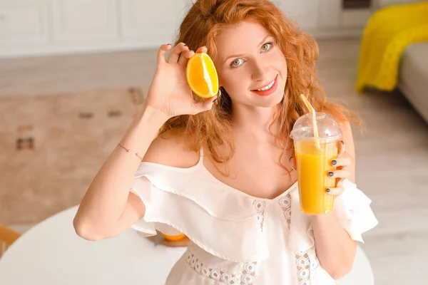 Beautiful Young Woman Drinking Fresh Orange Juice Home — Stock Photo, Image