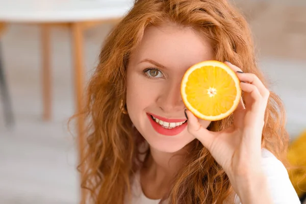 Beautiful Young Woman Fresh Orange Home — Stock Photo, Image