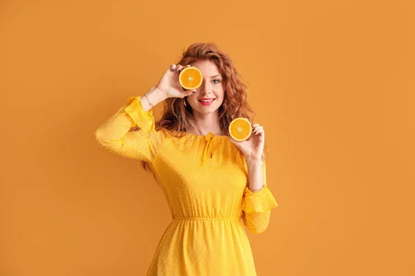 Beautiful Young Woman Cut Orange Color Background — Stock Photo, Image