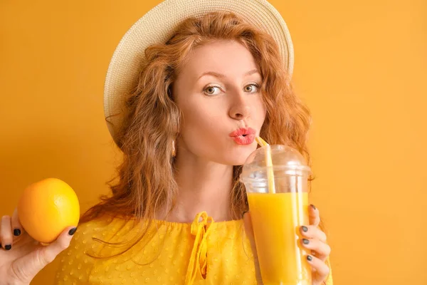 Beautiful Young Woman Orange Juice Color Background — Stock Photo, Image