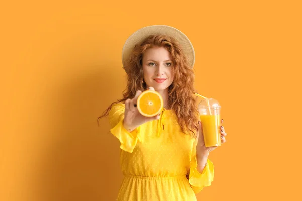 Beautiful Young Woman Orange Juice Color Background — Stock Photo, Image