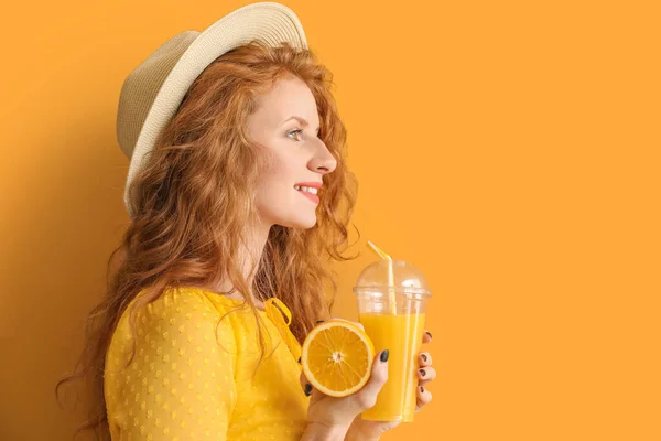 Beautiful Young Woman Orange Juice Color Background — Stock Photo, Image