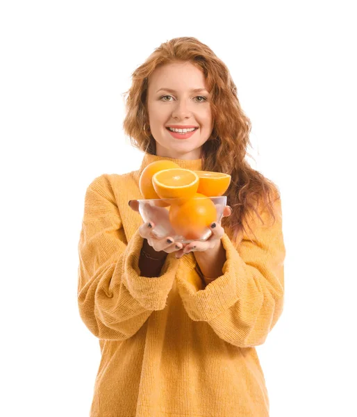 Schöne Junge Frau Mit Orangen Auf Weißem Hintergrund — Stockfoto
