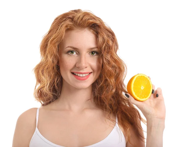 Beautiful Young Woman Cut Orange White Background — Stock Photo, Image