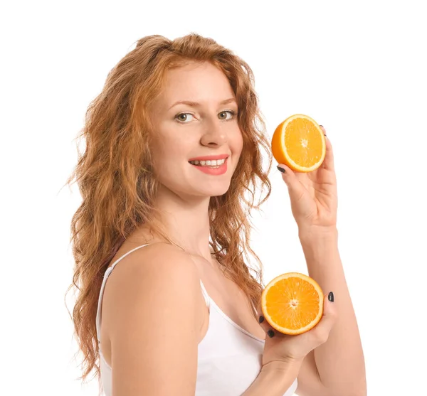 Beautiful Young Woman Cut Orange White Background — Stock Photo, Image