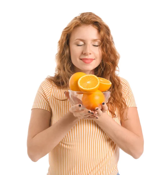 Beautiful Young Woman Oranges White Background — Stock Photo, Image