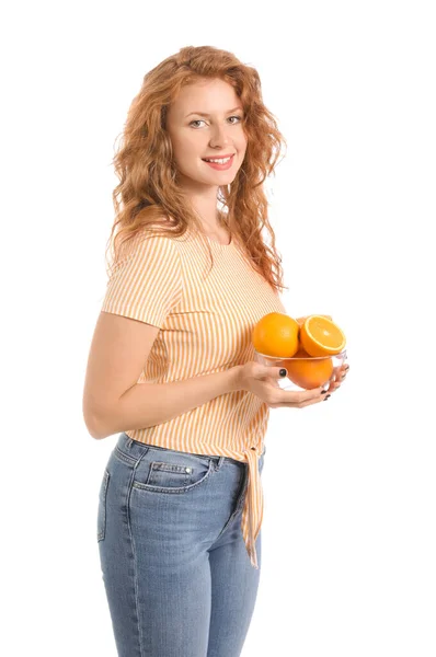 Beautiful Young Woman Oranges White Background — Stock Photo, Image