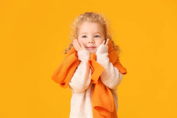 漂亮的小女孩 带着温暖的围巾 背景是彩色的 — 图库照片